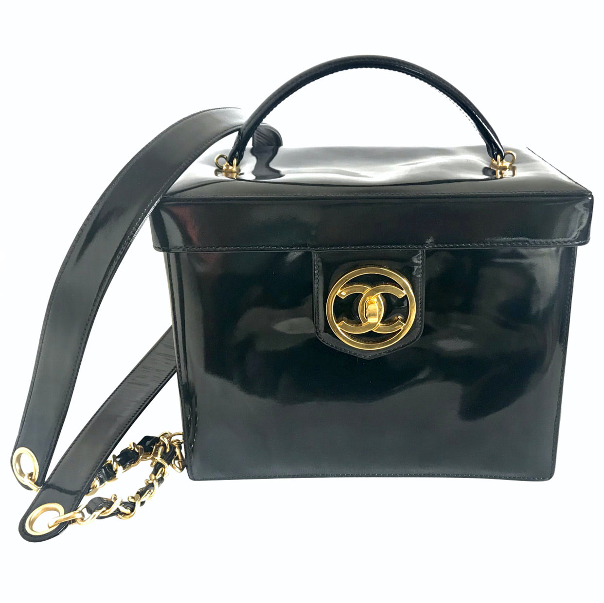 Chanel Chanel Matelasse Round Vanity Hand Bag Enamel Black White Vintage  Gold Metal Fittings
