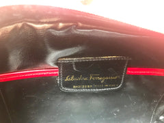 Vintage Salvatore Ferragamo vara collection patent enamel lipstick red shoulder bag with gold tone bow charm. Classic Ferragamo purse.