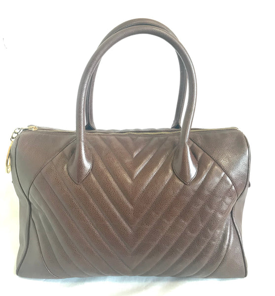 Pre-Owned Chanel V Stitch Chevron Vintage Lambskin Brown Ladies Handbag  (Fair) 