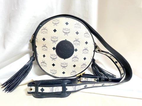 Vintage MCM navy and white monogram round shape Suzy Wong shoulder bag with leather trimmings. Unisex. Designed by Michael Cromer. 041207an1