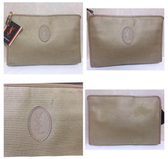 Vintage Yves Saint Laurent khaki beige clutch pouch, makeup case classic bag with leather trimmings.