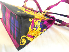 MINT. Vintage Gianni Versace pink tartan check and arabesque design shoulder bag, Kelly bag with golden sunburst motifs.