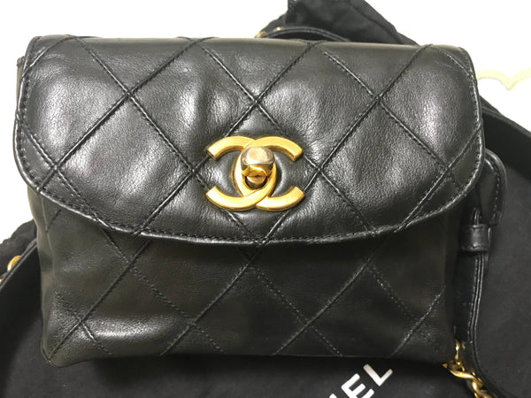 Vintage CHANEL black leather waist purse, fanny pack, hip bag with