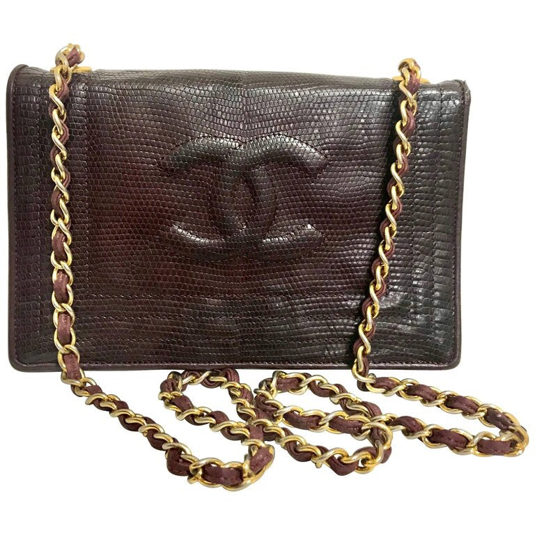 Chanel Black Lizard Mini Rectangle Classic Single Flap Aged Gold