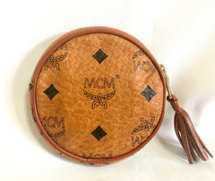 Vintage MCM brown monogram round shape coin case with tassel. Mini purse wallet. Unisex use. Made in Germany.