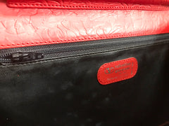 Vintage Valentino Garavani red leather chain shoulder bag with rose flower embossed design and round V motif. Can be clutch bag.