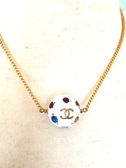 MINT. Vintage CHANEL skinny chain necklace with CC white ball and colorful stones. Perfect gift. Classic vintage jewelry.