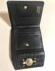 Vintage Gianni Versace black croc embossed leather wallet. Golden and silver Sunburst charm at front. Masterpiece for unisex use. 050407r8