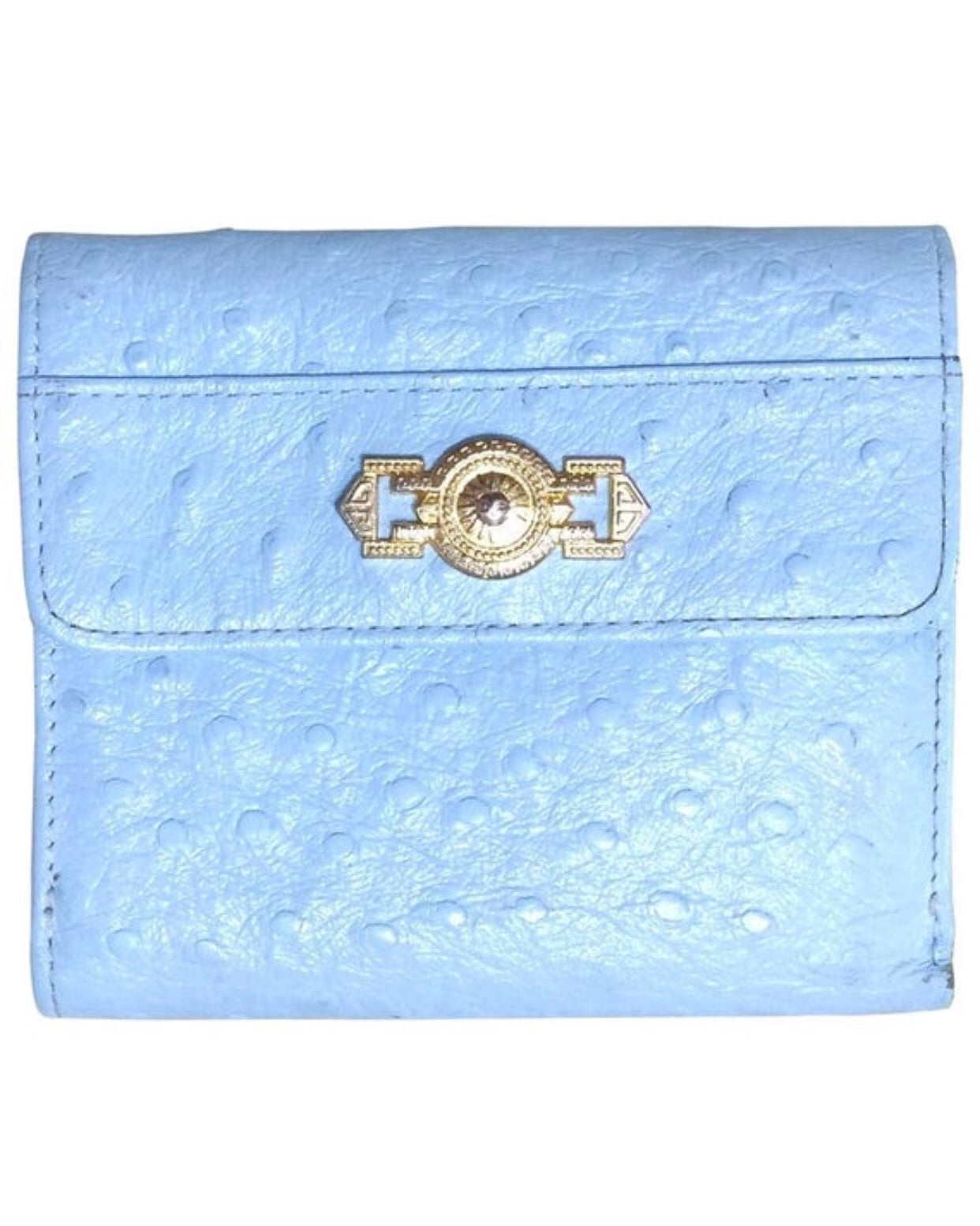 Vintage Gianni Versace ostrich-embossed light blue leather wallet with golden sunburst charm. Coin purse, card,bill case. Best gift