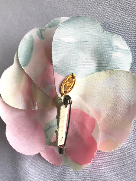 Vintage CHANEL colorful, watercolor print silk camellia flower brooch pin.  Very chic and cute. Chanel's representing flower jewelry.