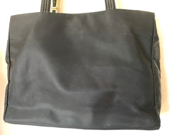 Vintage Gianni Versace large black nylon and leather combination tote bag with gold tone sunburst motifs and chains. Lady Gaga Style