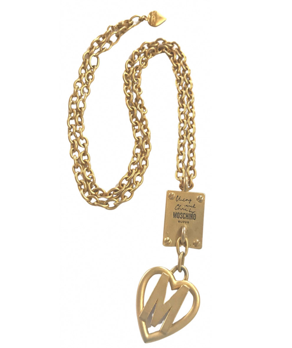 Vintage Moschino chain classic necklace with square plate and M logo heart pendant top.