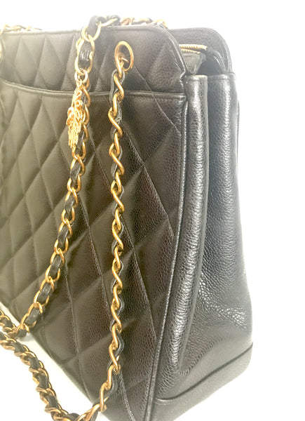 CHANEL CC Mark Matelasse Chain Tote Shoulder Bag Caviar Leather White/Gold