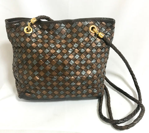 Vintage Bottega Veneta intrecciato woven lambskin shoulder tote bag in metallic, bronze and gunmetal color combo. One-of-a-kind purse.