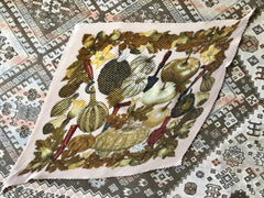 Vintage HERMES Carre pink beige background color plisse, pleated silk scarf with various pumpkin prints all over in olive green, beige etc..