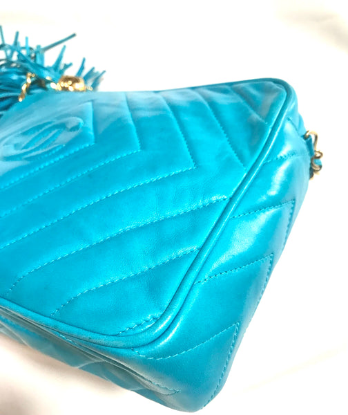 Vintage CHANEL blue shoulder bag, camera bag with CC mark and