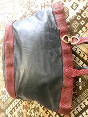 80's. Vintage FENDI black leather shopper, large tote bag with genuine wine red snakeskin trimmings and handles. Perfect for trip.