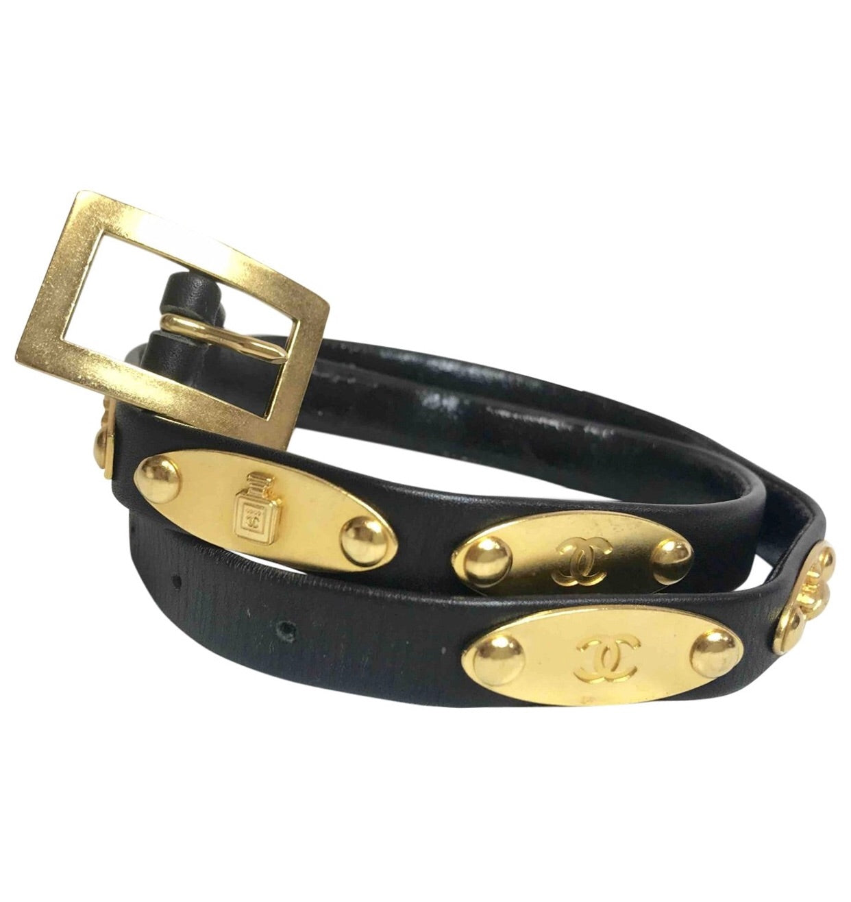 Vintage CHANEL black belt with golden buckle and iconic logo