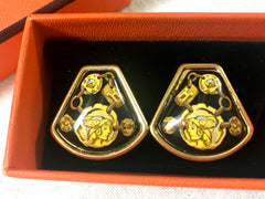 Vintage Hermes cloisonne golden earrings with black and yellow chain, stud, H logo, mademoiselle design. Fan shape enamel classic jewelry.