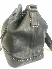 Vintage Valentino navy leather hobo bucket shoulder bag with embossed V logo and drawstring. Classic daily use bag.