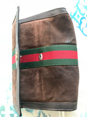 80's Vintage Gucci brown suede leather classic makeup, cosmetic, toiletry pouch, clutch purse  with green and red webbing. Gucci Parfums.