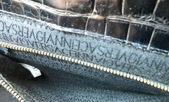 Vintage Gianni Versace black croc embossed leather Kelly style bag with Medallion Sunburst motifs. Gorgeous masterpiece. 050816f1