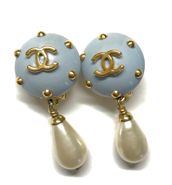 CHANEL CC Seed Pearl Stud Gold Metal Dangle Earrings Authentic NIB