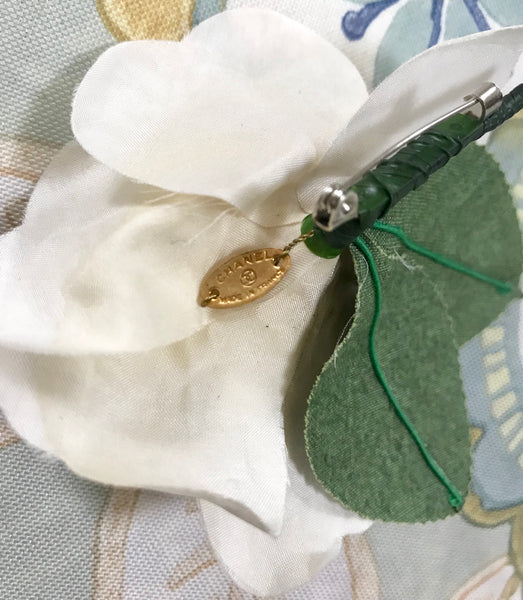 CHANEL White Leather Camellia Flower Gold Beige Leaves Floral Brooch Pin at  1stDibs