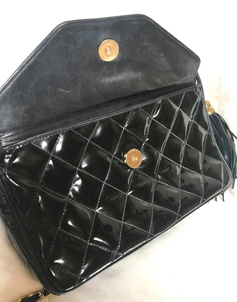 CHANEL CC TOP HANDLE FLAP BLACK PATENT LEATHER KELLY BAG
