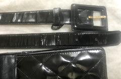 Vintage CHANEL 2.55 black patent enamel fanny pack, belt bag with golden CC motif. Belt size 26" through 30”.