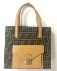 Vintage FENDI classic logo pecan jacquard and mustard yellow epi leather tote bag with golden closure at front.