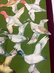 Vintage HERMES Carre silk scarf wine red, olive green, and various wild ducks, migratory birds print. Classic foulard. Perfect gift.