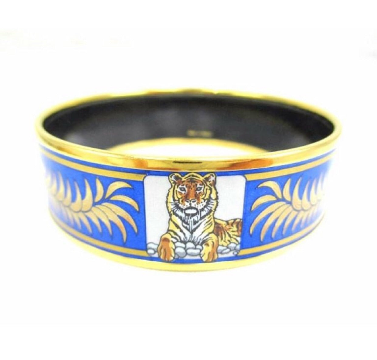 Vintage Hermes blue cloisonne enamel golden thick bangle, bracelet with tiger and leaves design in blue and gold. 070114ac3