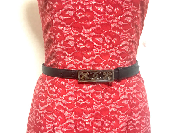 Vintage CHANEL black leather belt with silver clover and CC mark