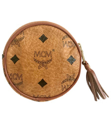 Vintage MCM brown monogram round shape coin case with tassel. Mini purse wallet. Unisex use. Made in Germany.
