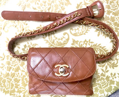 L20190528. 1990s. Vintage CHANEL brown calf leather belt bag, fanny pack, hip bag with gold CC closure and chain belt. Belt fits 29.3" through 32.5".