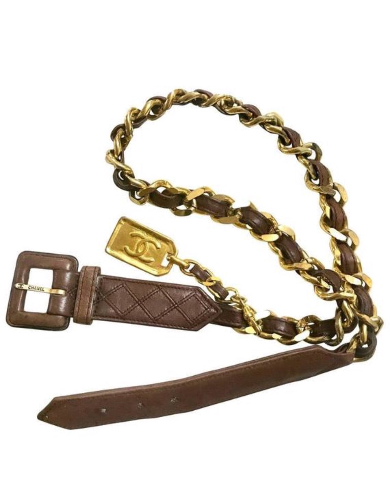 Chanel - Vintage 1980's Black Leather and Gold Buckle CC Link Belt - 75 / 30
