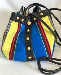 Vintage Gianni Versace mini hobo bucket style shoulder bag in blue, yellow, green and other color fabric and black leather combination.