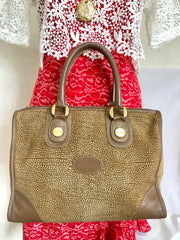 Vintage Borbonese by red wall, brown and beige leather classic bag with golden logo charm.  Unisex use. Masterpiece.