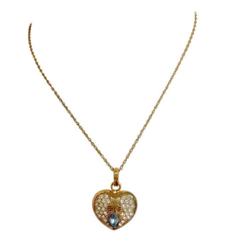 Vintage LANVIN golden skinny chain necklace with heart logo charm pendant top with clear crystals and blue crystal. Perfect jewelry gift.