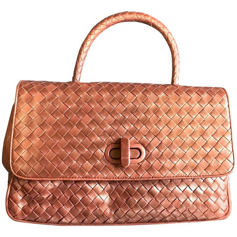Vintage Bottega Veneta bronze intrecciato woven leather handbag purse with turn-lock closure. Gorgeous masterpiece from Bottega.