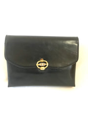 Vintage Gucci black leather shoulder bag with golden and silver tone GG logo motif. Classic purse. Can be clutch bag.