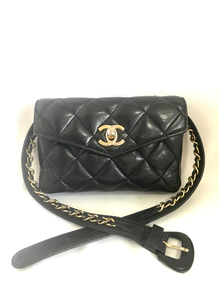 CHANEL Lambskin Quilted Chain Infinity Waist Belt Bag Black 926889