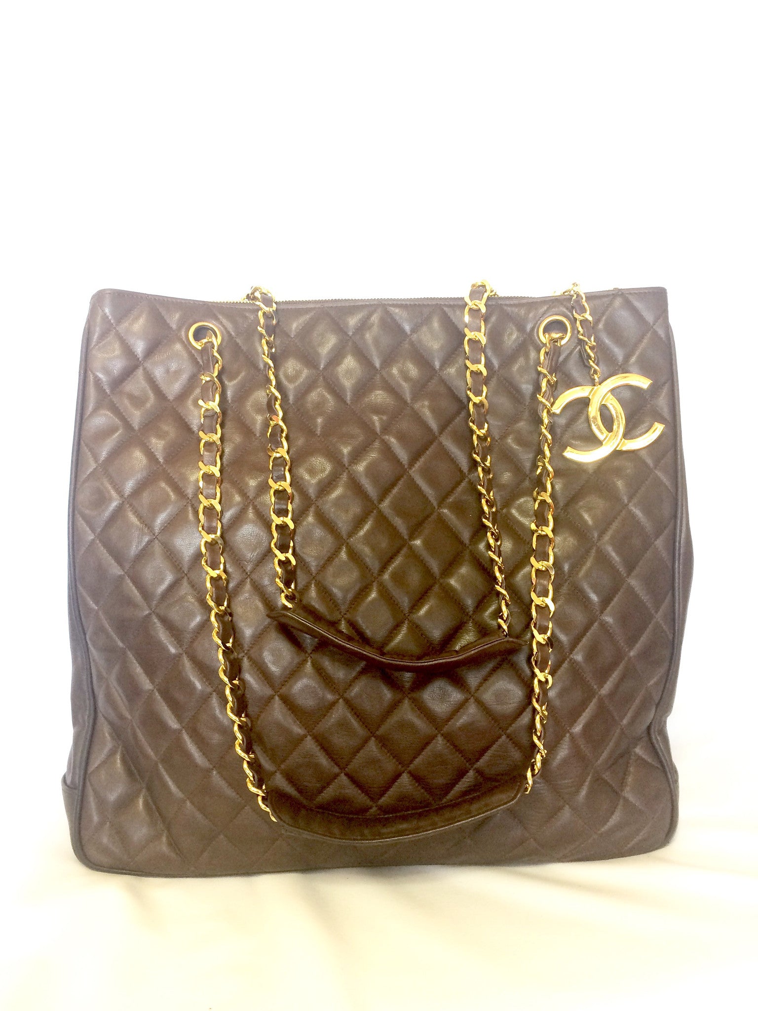 Vintage CHANEL brown lambskin large tote bag with gold tone chains