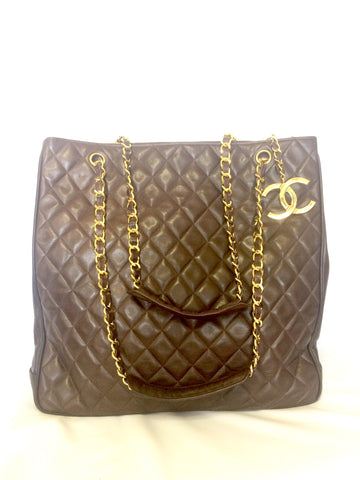 Vintage CHANEL brown lambskin large tote bag with gold tone