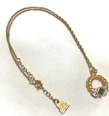 Vintage LANVIN golden skinny chain necklace with golden round pendant top. Clear crystals and green glass stone. Perfect jewelry gift.