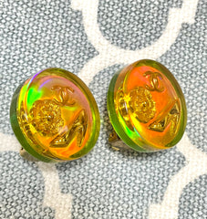 Vintage CHANEL yellow orange tone aurora resin earrings with Chanel iconic charms. Golden shoe, camellia, and CC mark in it. 041228an1