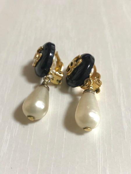 Toledo Style Earrings with Large Center Faux Pearl, Gold-Tone Filigree, Black and Rhinestones