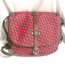 Vintage Roberta di Camerino red and brown saumur messenger shoulder bag with leather trimmings with R logo motif. Made in USA