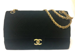 70's vintage Chanel classic black jersey 2.55 bag with double flap and skinny chain straps. One-of-a-kind bag. Ves